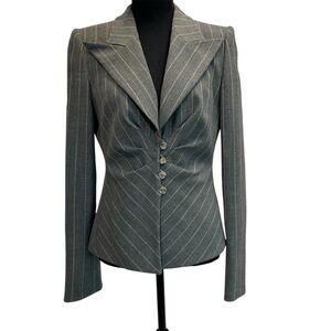 Armani Collezioni gray tailored structured pinstriped ruched blazer jacket 42